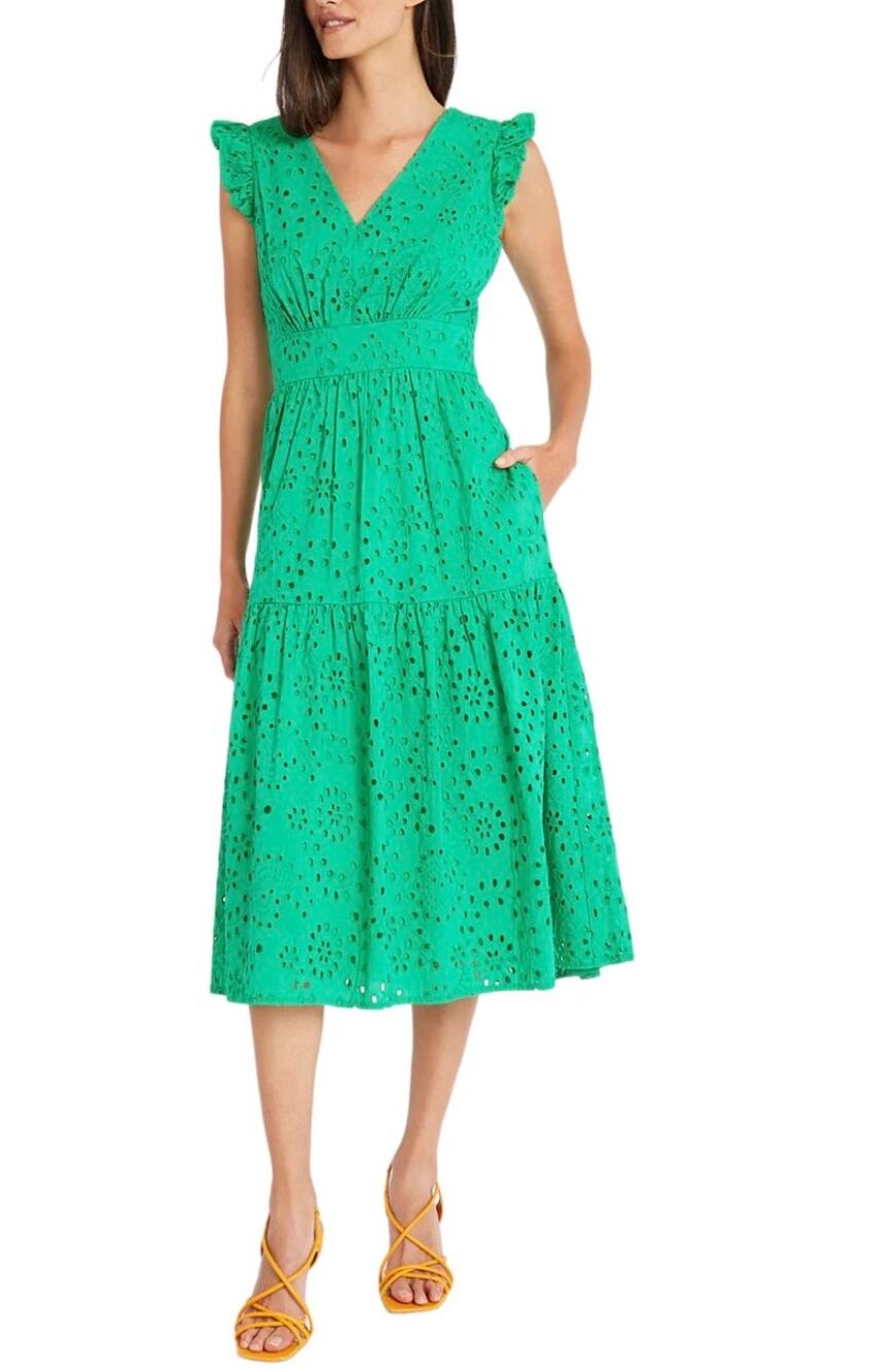Maggy London Faye Kelly Green Eyelet Midi Dress Pockets Size 4 Cotton